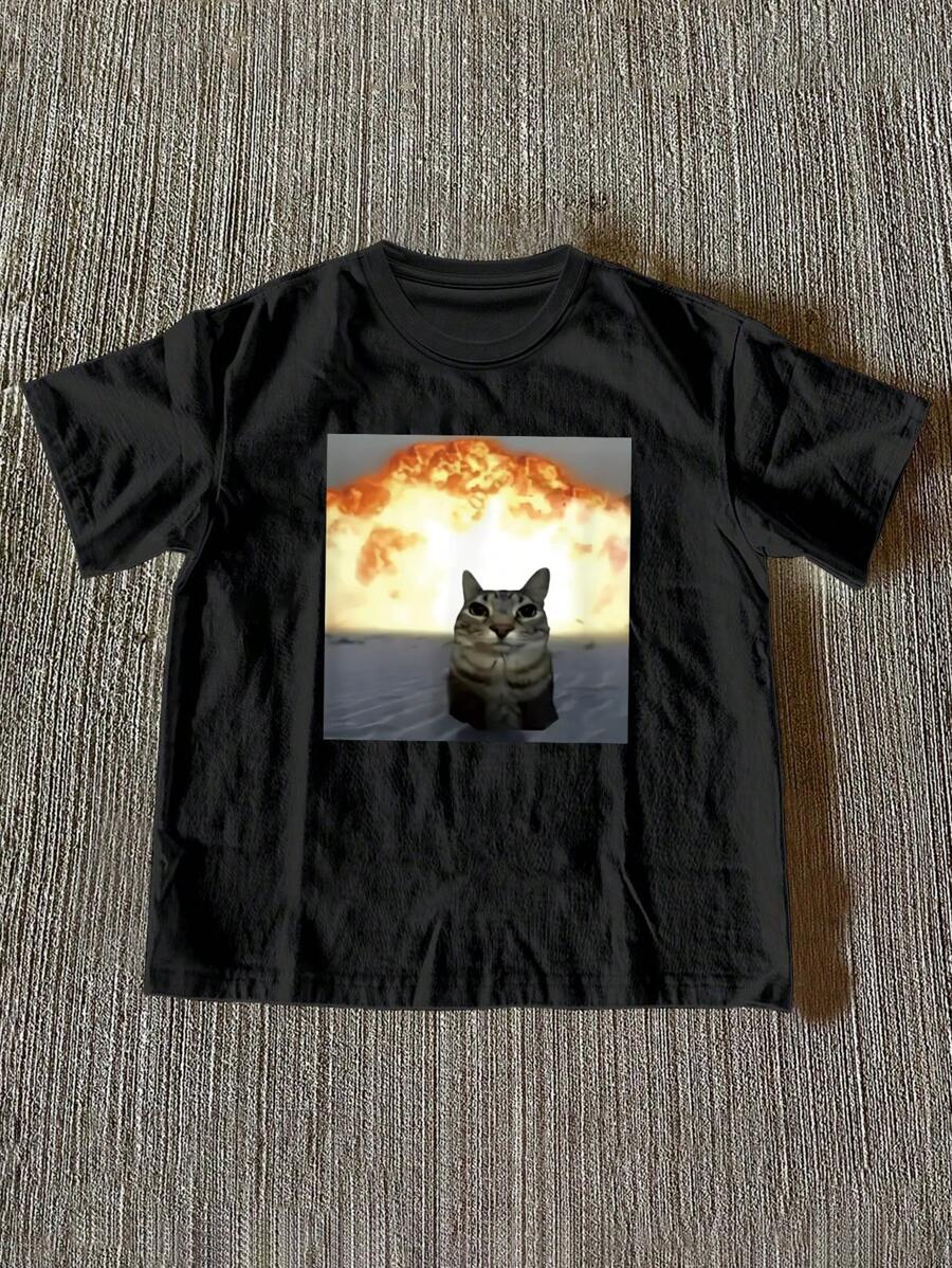 Manfinity Dauomo Men's Summer Casual Cat Print Standard Size T-Shirt