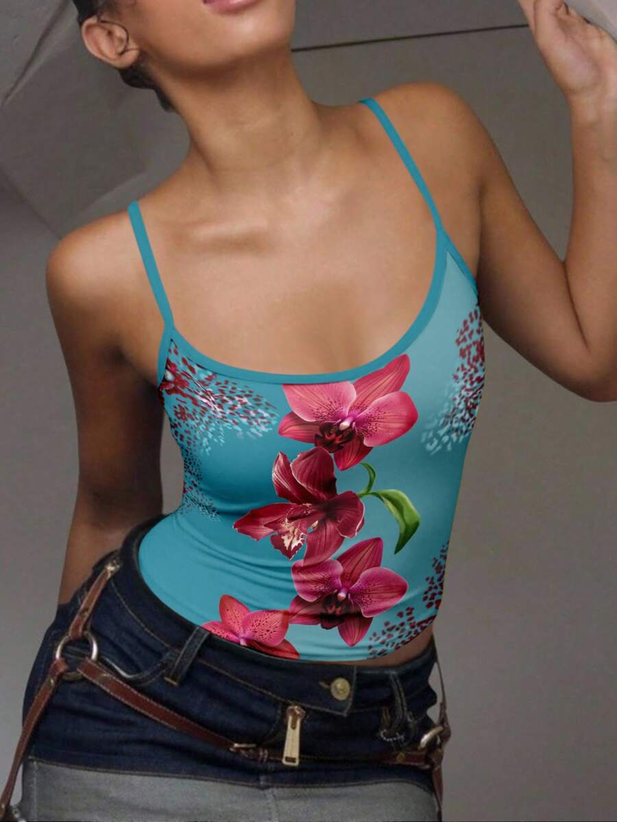 INAWLY Canotta sottile e attillata con stampa floreale, di stile Y2K, casual e sexy