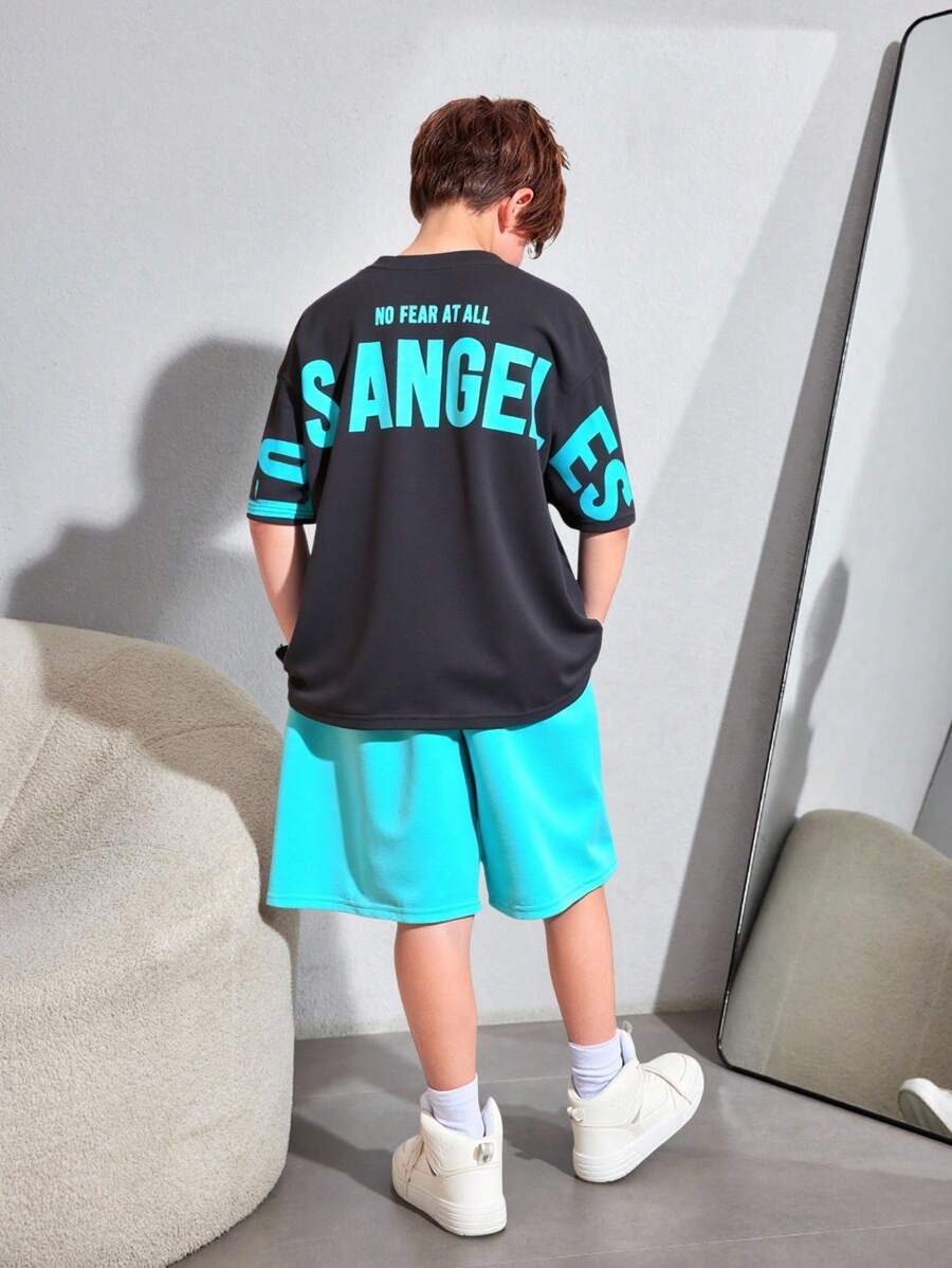 Set de 2 piezas de camiseta de manga corta con estampado de letra y pantalones cortos de ajuste suelto, estilo calle casual y cómodo para niños preadolescentes, apropiado para escuela, jardín, playa, cumpleaños, primavera, verano, otoño, invierno