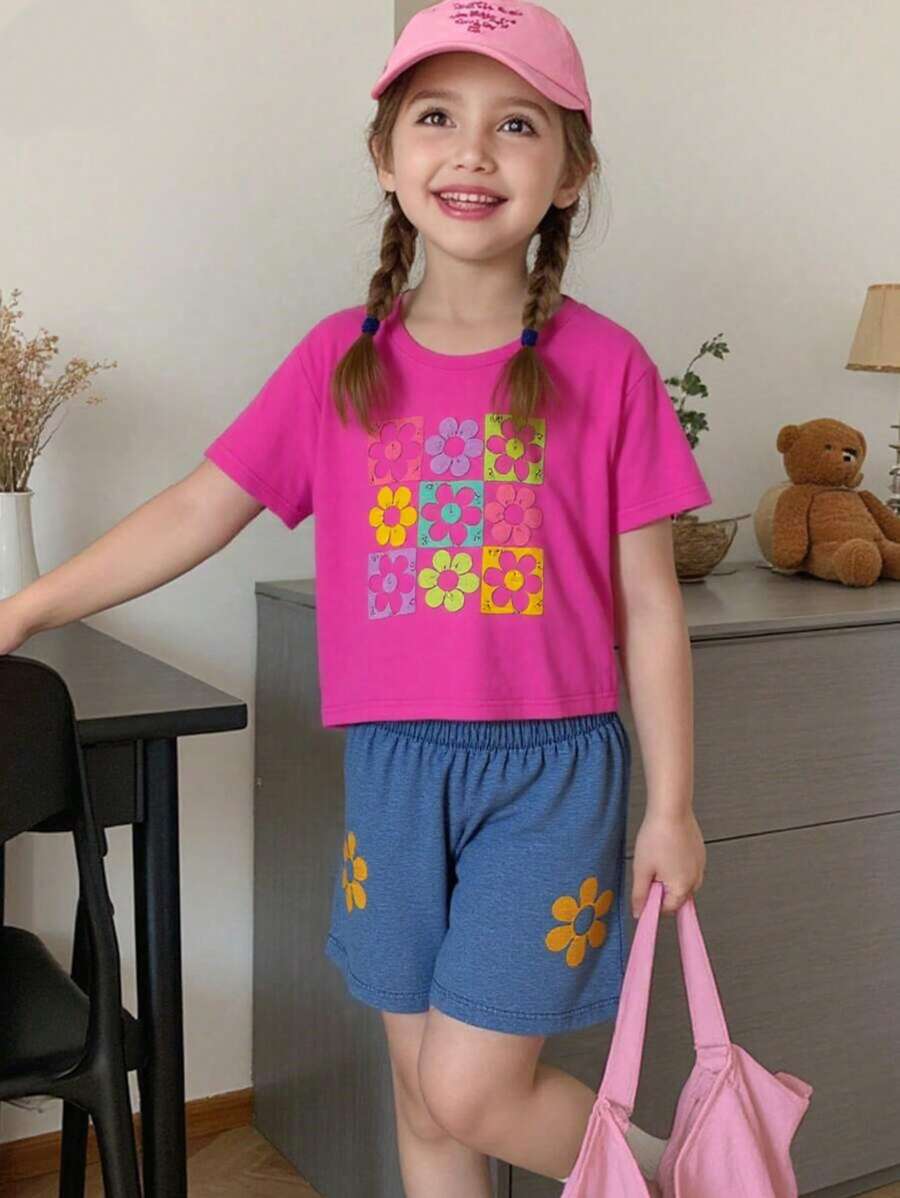 Conjunto de 2 piezas para niñas: Camiseta de manga corta con gráfico floral y shorts de mezclilla bordados