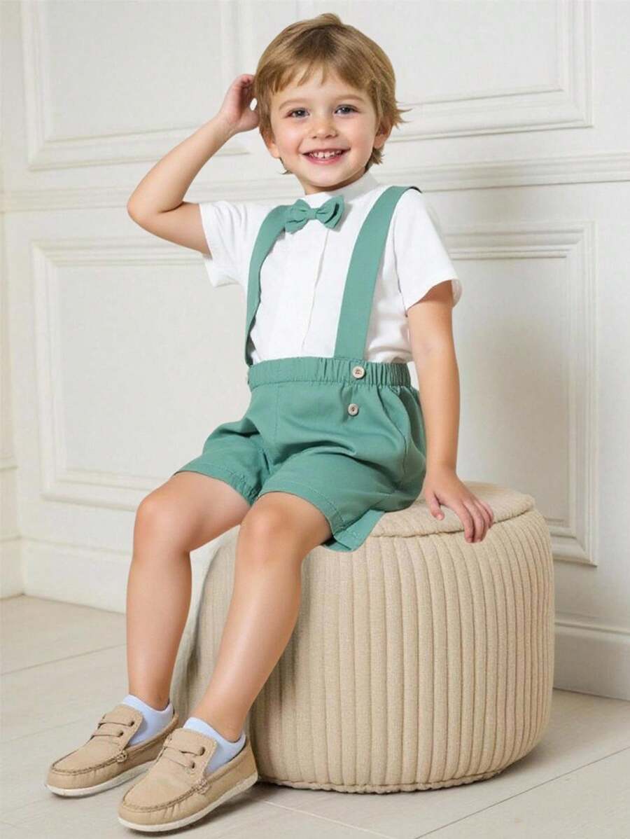 Souflis Souflis 2pcs/Set Toddler Boys Casual Gentleman Solid Color Bowknot Decor Stand Collar Short Sleeve Top & Solid Shorts Set