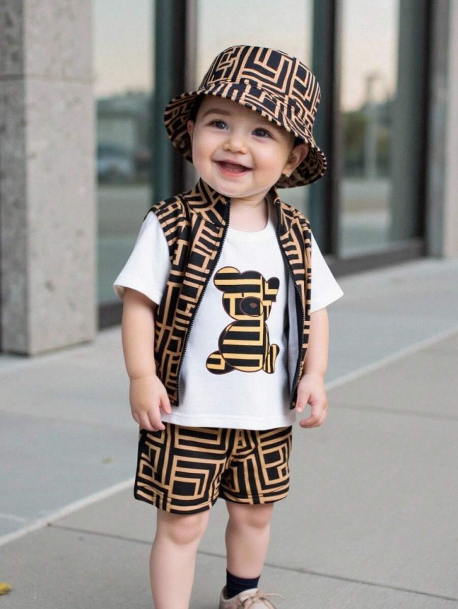 SHEIN 3pcs/Set Baby Boy Summer Cute Cartoon Bear Print Short Sleeve T-Shirt, Shorts, Vest 3-Piece Outfits