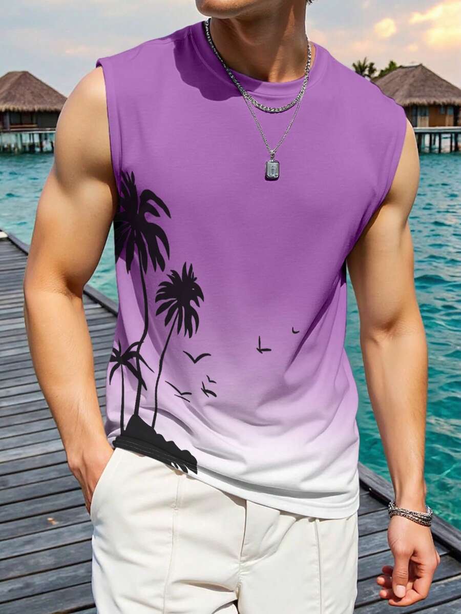 Manfinity Chillmode Men's Vacation Style Print Sleeveless Crew Neck Tank Top Mens Summer Tank Top Summer Graphic Tees
