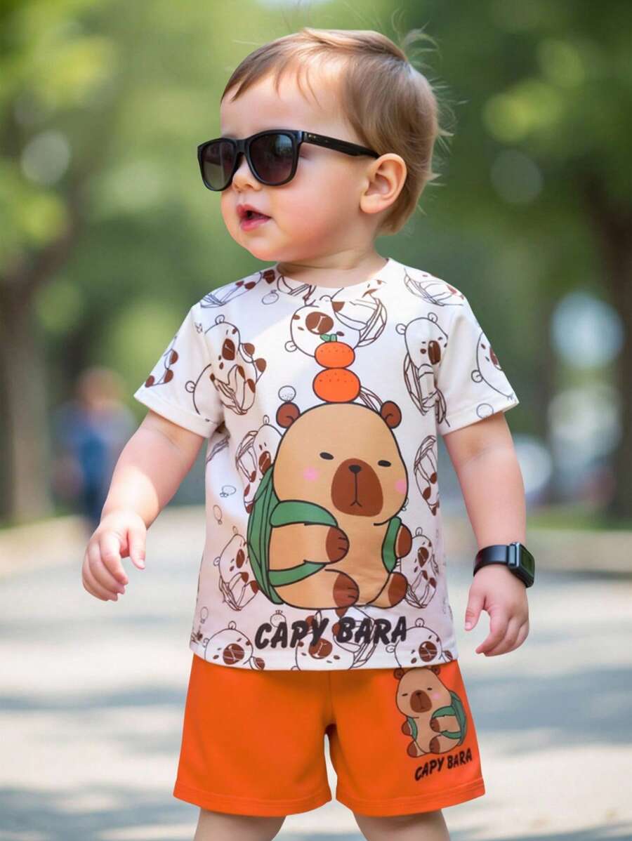 GraphicGems Conjunto de camiseta de manga corta y pantalones cortos cómodos y sencillos con estampado de capibaras para bebés niños, ideal para primavera/verano