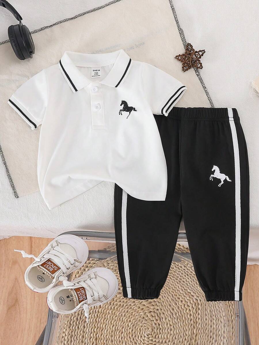 Set de 2 piezas para niños pequeños: Camisa de polo de manga corta con estampado de animales y caballos + Pantalones casuales de cintura elástica a rayas, de tela suave para deportes, correr, uso diario, nueva colección de verano.
