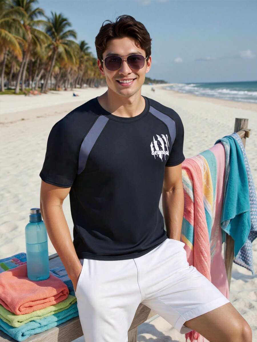 Manfinity Swimmode Men's Contrast Color Patchwork Short Sleeve Rashguard Swimsuit, Sunscreen & Surfing Beach Wear For Men BeachModeOn