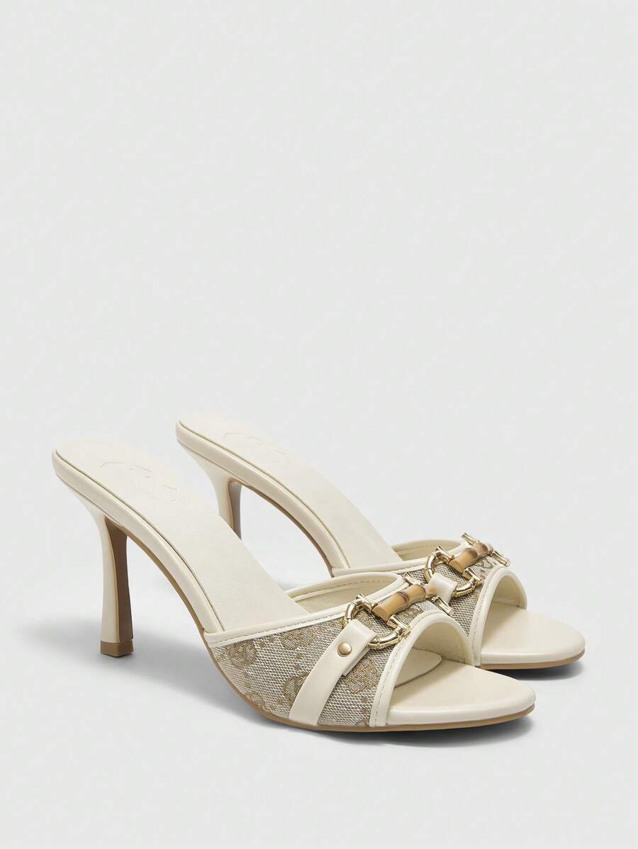 CUCCOO BIZCHIC Dames beige PU gemengd met gouden gesp decor retro mode 8.8CM hoge hak puntige neus muil hoge hak sandalen