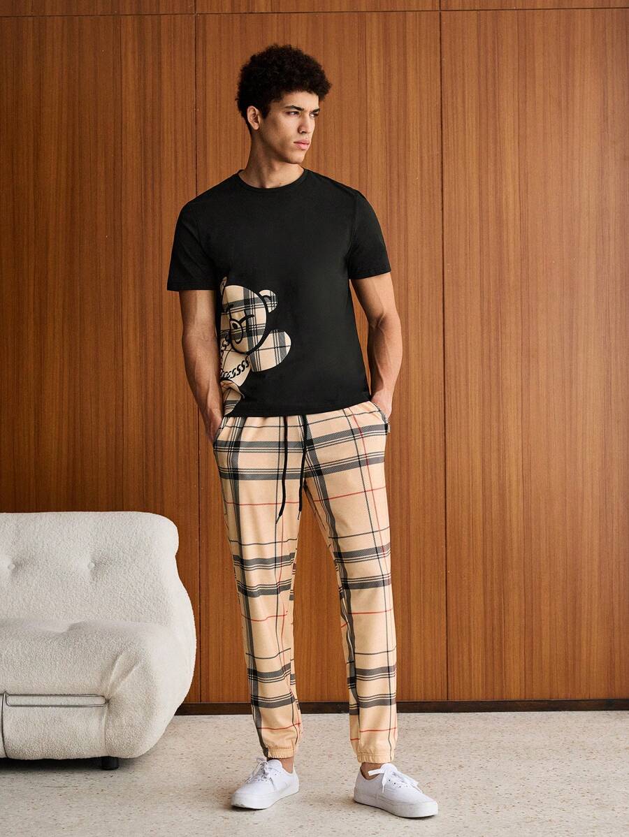 SWAVVY Hombres Camiseta con estampado de oso & Pantalones de cuadros de cintura con cordón