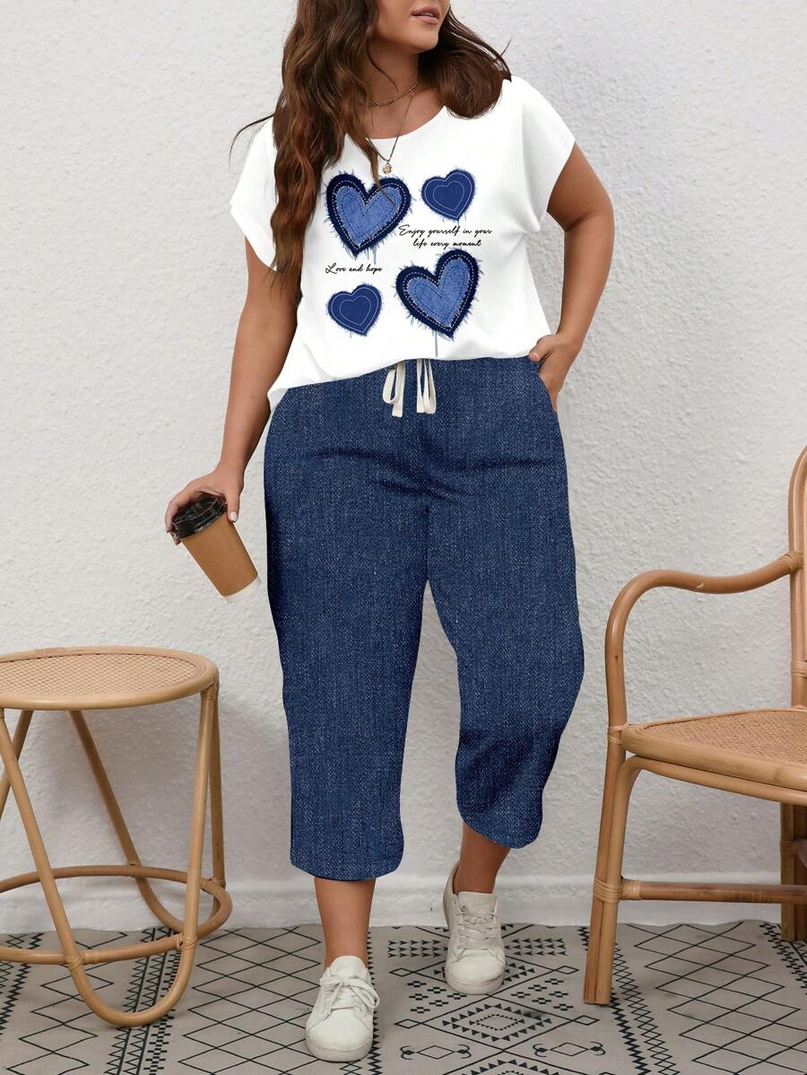 EMERY ROSE 2 pezzi set casual e minimalista con stampa di cuori blu nautico, adatto per vacanze estive in taglie forti