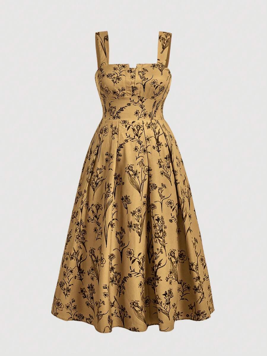 SHEIN MOD Plus Size Apricot Background With Vintage Print, Long Dress With Wide Strap, For Summer,Beach Dress Sundress,Holiday Outfits Boho,Corset Dress For Women