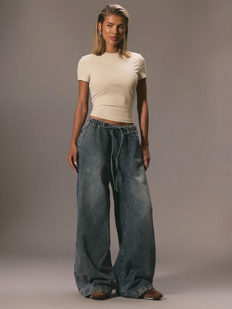 MUSERA Pantalones vaqueros con cordón, primaveral, estilo años 90/y2k, lindos, elegantes, informales, para vacaciones, verano, estilo occidental, para concierto, fiesta