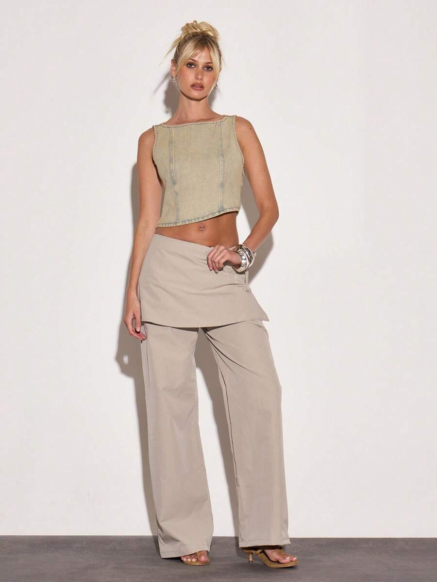 MUSERA Low Rise Layered Wide Leg Trousers With Skirt Overlay Summer Vacation Y2k Streetstyle Cool Girl Festival Holiday Graphite