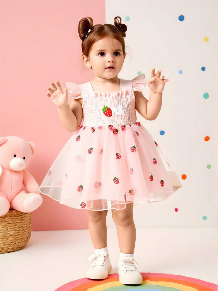 SHEIN Glamorique Kids Baby Girls Summer Sweet Strawberry Embroidered Cap Sleeve Mesh Dress, Suitable For Festivals, Gatherings, Parties, Birthdays, Vacations