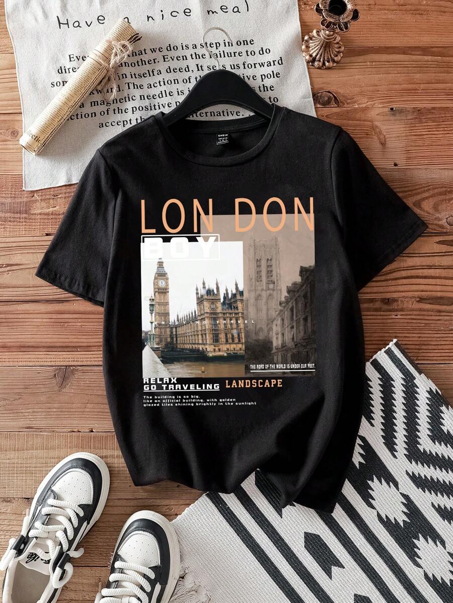 SHEIN EZwear Architectural Landscape Design Casual Short Sleeve Fitted Plus Size T-Shirt For Women, Suitable For Summer