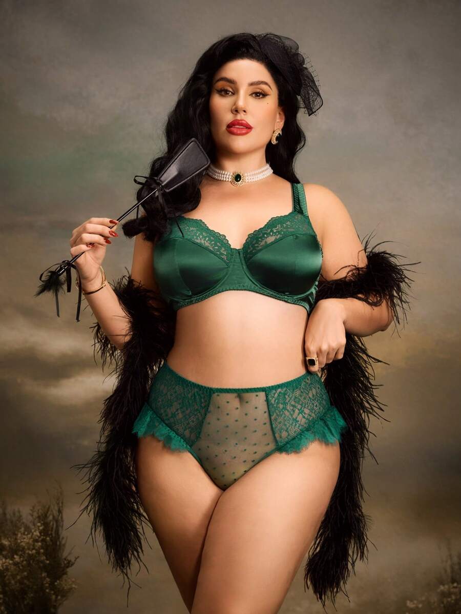 PinupGlam Underwired-BH in Große Größen mit Blumen-Spitze, Satin und transparenten Elementen, bequem für den täglichen Gebrauch mit breiten Trägern, olivgrün