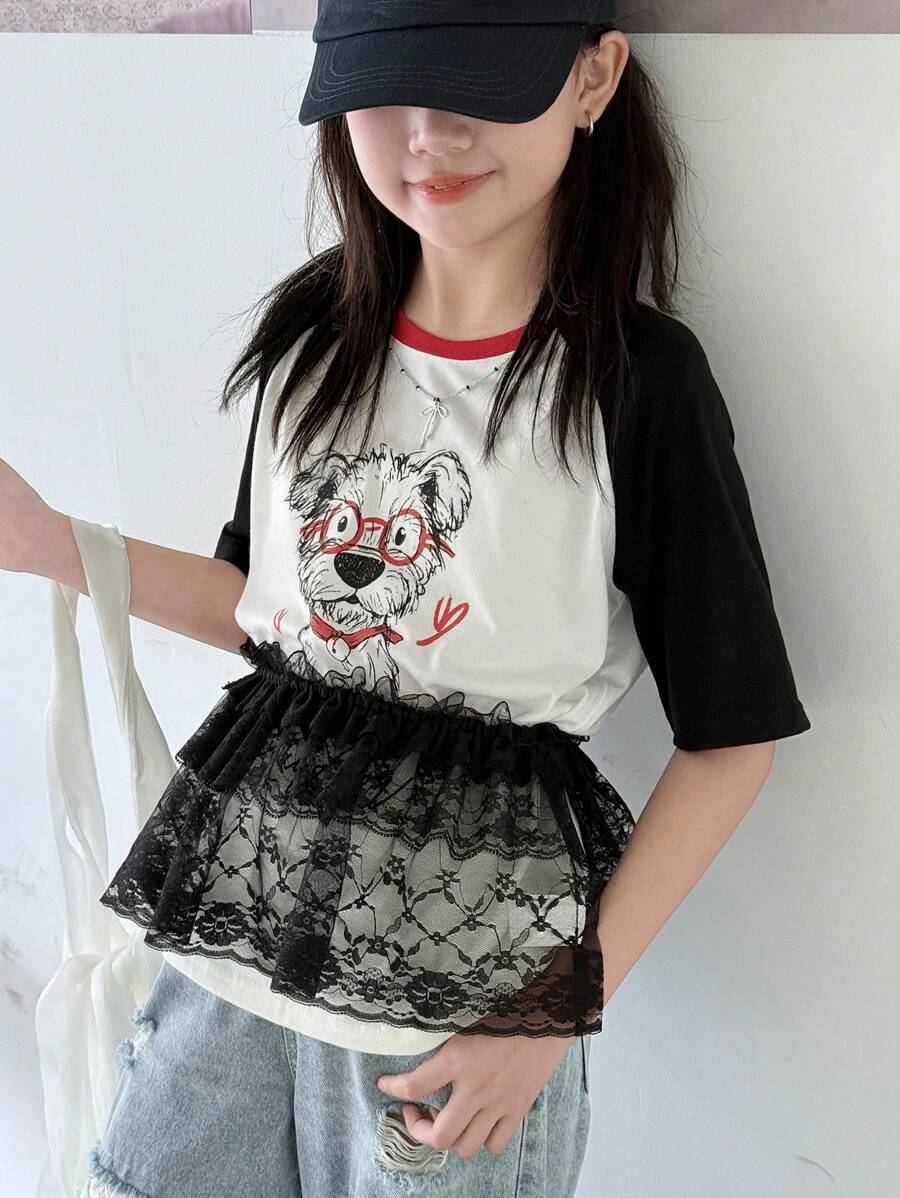 DAZY Tween Girls' Casual Colorblock Cartoon Dog Print T-Shirt With Raglan Sleeves, Summer,Back To School Clothes