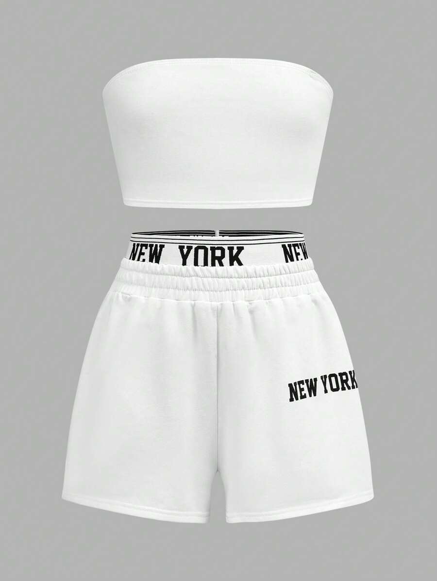 SHEIN Girlism 2 pièces Ensemble Sweat-shirt et short imprimé slogan Y2K pour filles pré-adolescentes, Top de camisole tricotée court, décontracté, streetwear, blanc