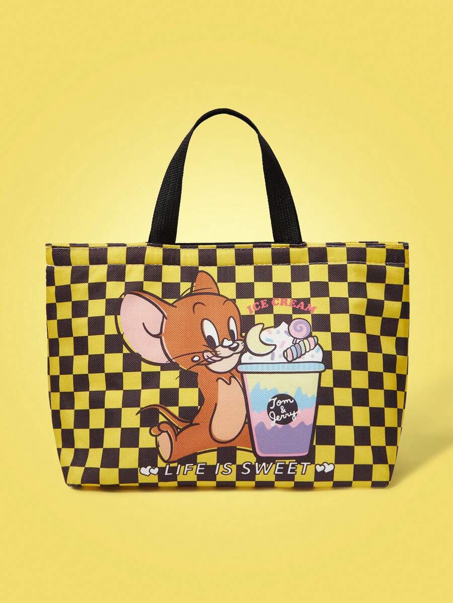 TOM & JERRY X SHEIN Checkered And Cartoon Pattern Lunch Box Bag, For Office Workers And Students