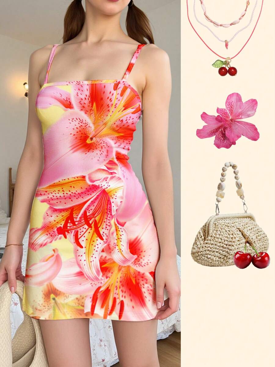 Vestido casual de chica adolescente con estampado floral minimalista sin mangas hasta la pantorrilla, apto para el verano