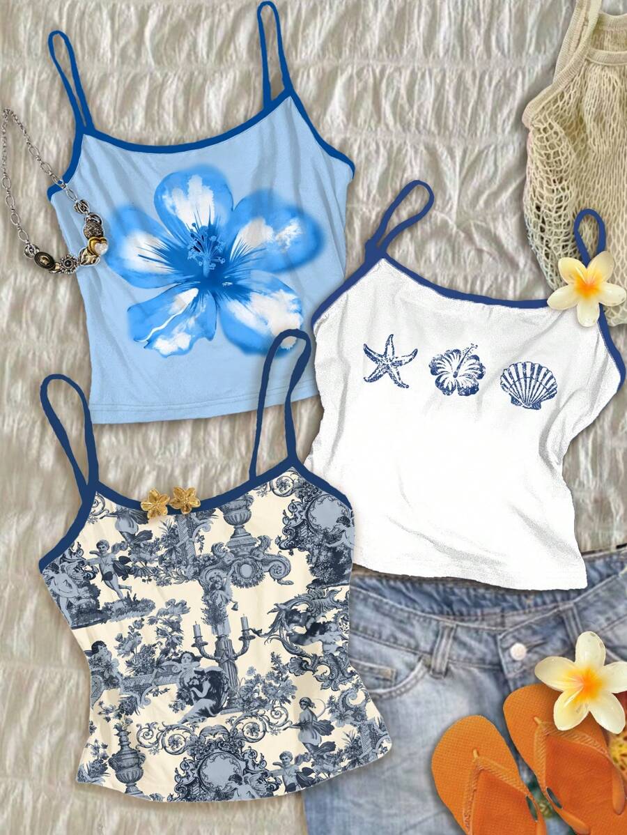 Attitoon 3pcs/Set Women's Vintage Inspired Vest Top With French Blue Angel Statue, Blue Floral Watercolor, And Blue Shell Print, Suitable For Summer Vintage, Casual, Sexy, Cute, Y2K, Coconutgirl, Boho, Vacation, Spring Break, Brunch-Ready, Baby Blue, Girls Trip, Neon Beach Vibes, Bohemian, Hippie, Music Festival