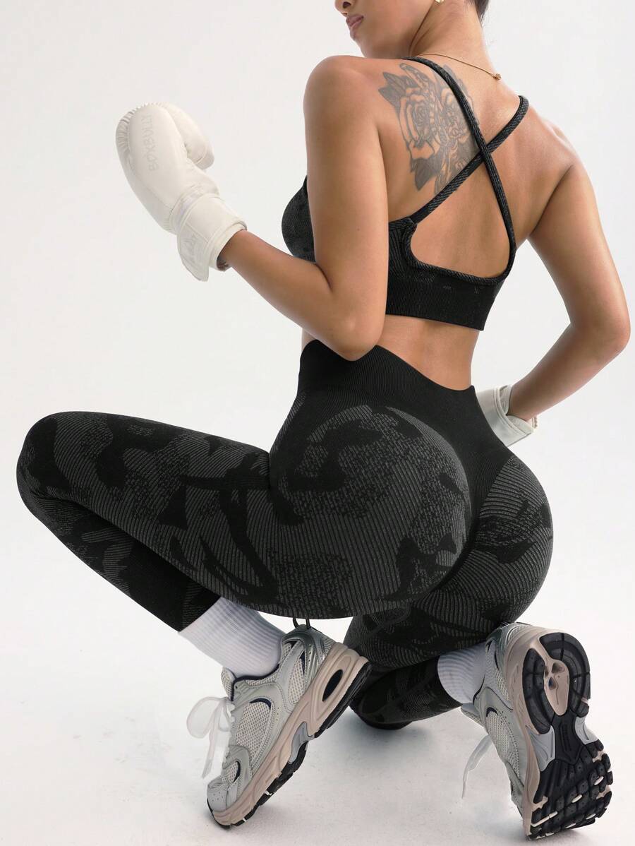 POWERISTA Powerista Damski modny krótki top i legginsy z wysokim stanem, sportowy zestaw do ćwiczeń, damski zestaw do ćwiczeń