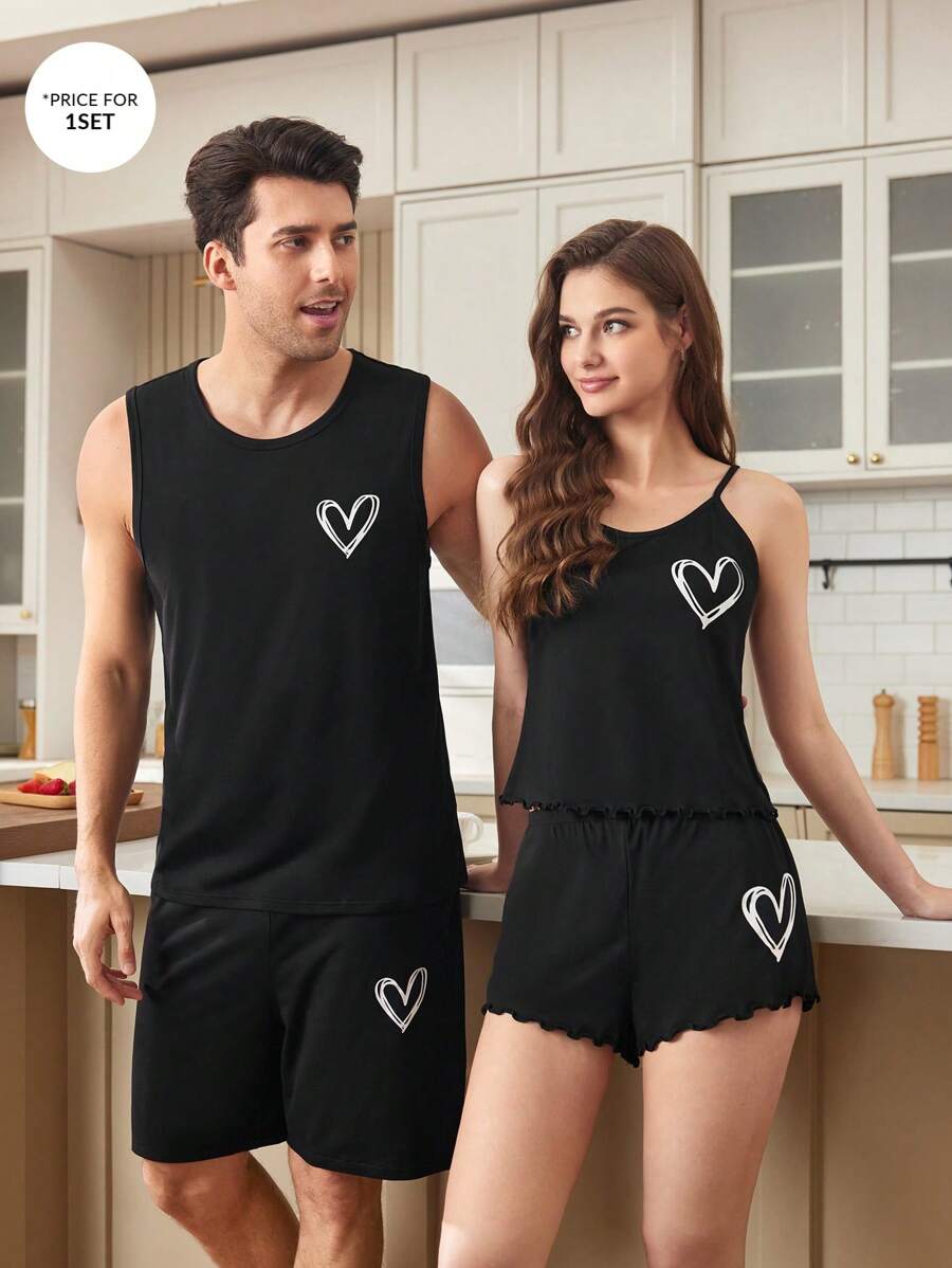 CoupledUp Ensemble de pyjama décontracté pour hommes avec veste sans manches à imprimé cœur