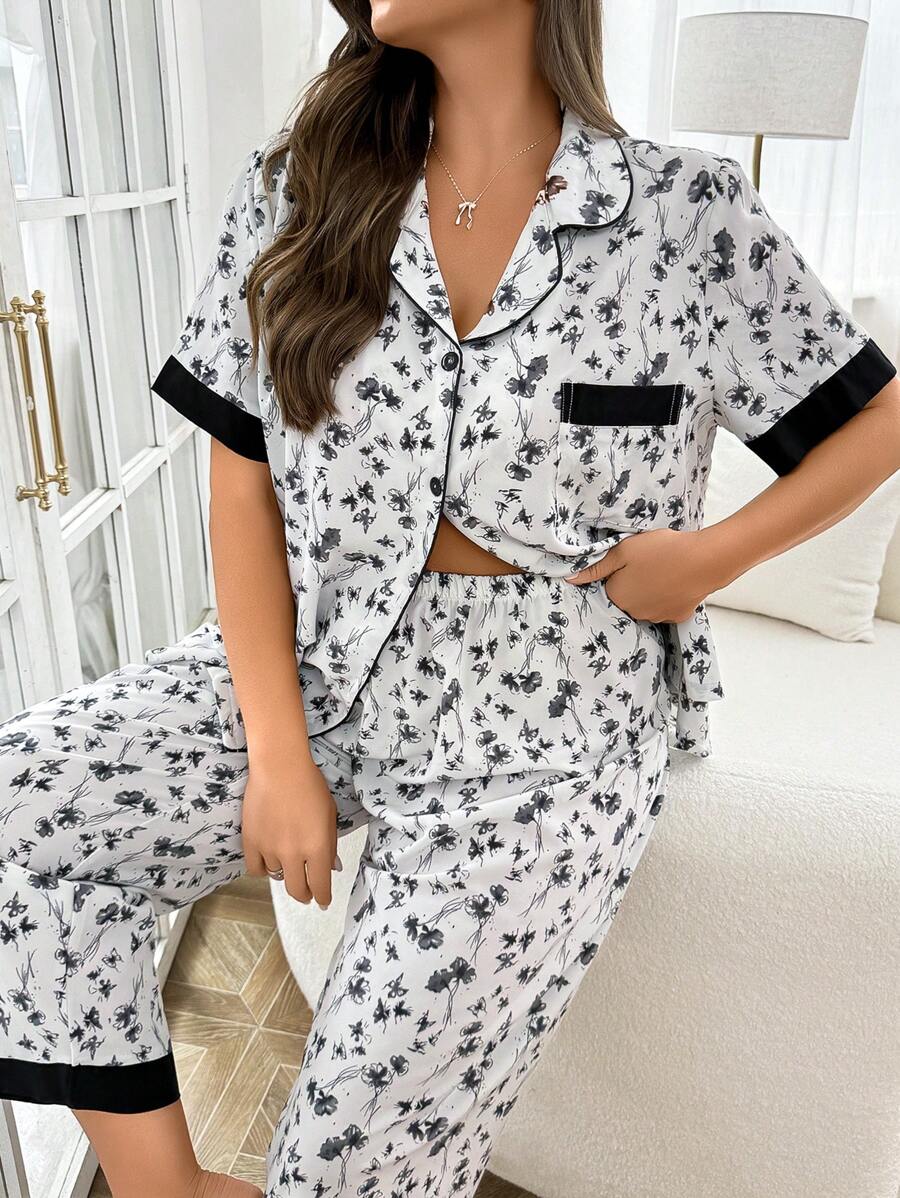 SHEIN Plus Size Women Floral Print Contrast Color Pocket Shirt And Pants Pajama Set