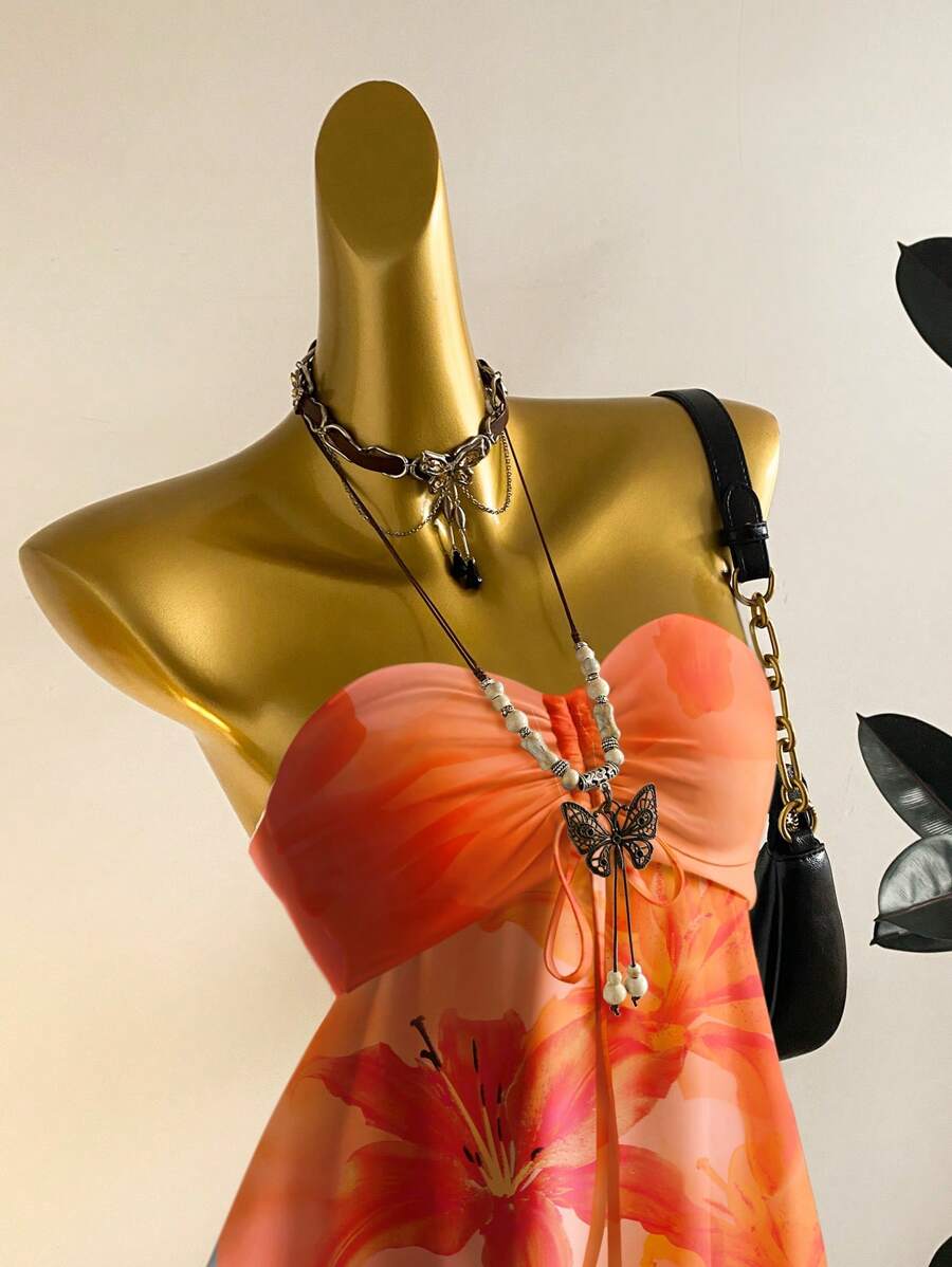 Attitoon Orange Tropical Floral Print Casual Vacation Style, Sexy, Cute Y2K Coconut Girl Boho Vacation Beach Outfits For Women, Springbreak, Brunch-Ready Babyblue, Girls Trip Butter Yellow Neon Beach Vibes, Bohemian Hippie Music Festival Summer Top For Women