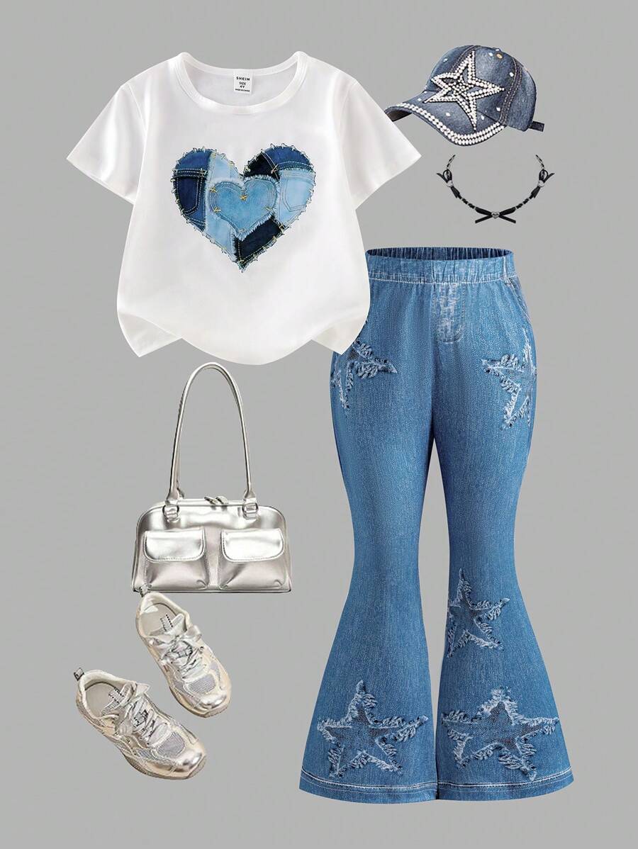 Wildeya Conjunto casual de 2 piezas para niñas pequeñas, camiseta blanca de manga corta con moño y pantalones acampanados de aspecto de jean azul de punto, conjunto de verano lindo