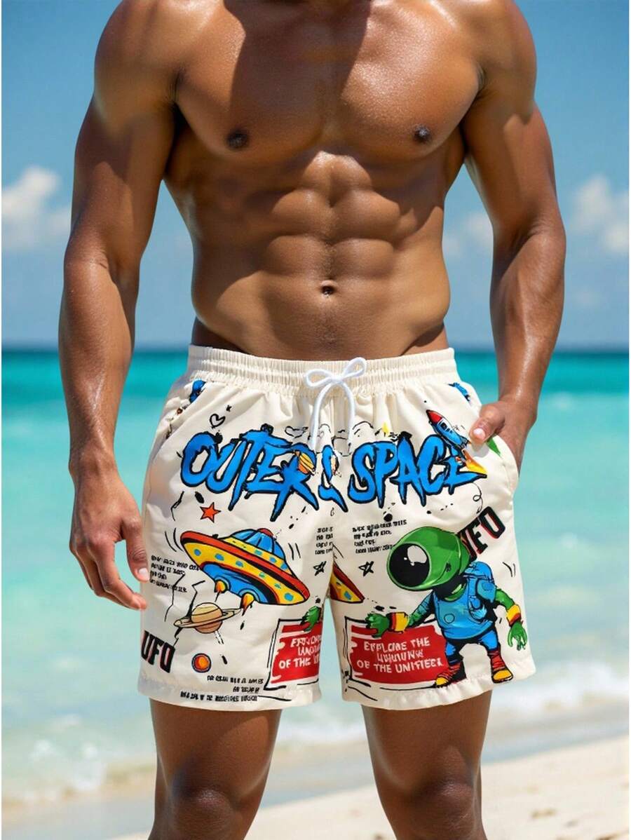 Manfinity VDAYZ Men's Cartoon Print Casual Beach Shorts, Summer,Outdoor Sports Trunks Swim Wear, Hawaiian BeachModeOn Mens Beachwear Men Swim Trunks Cartoon, Anime Swim Trunks, Men's Anime Swim Shorts, Ufo Swim Trunks, Alien Swim Trunks