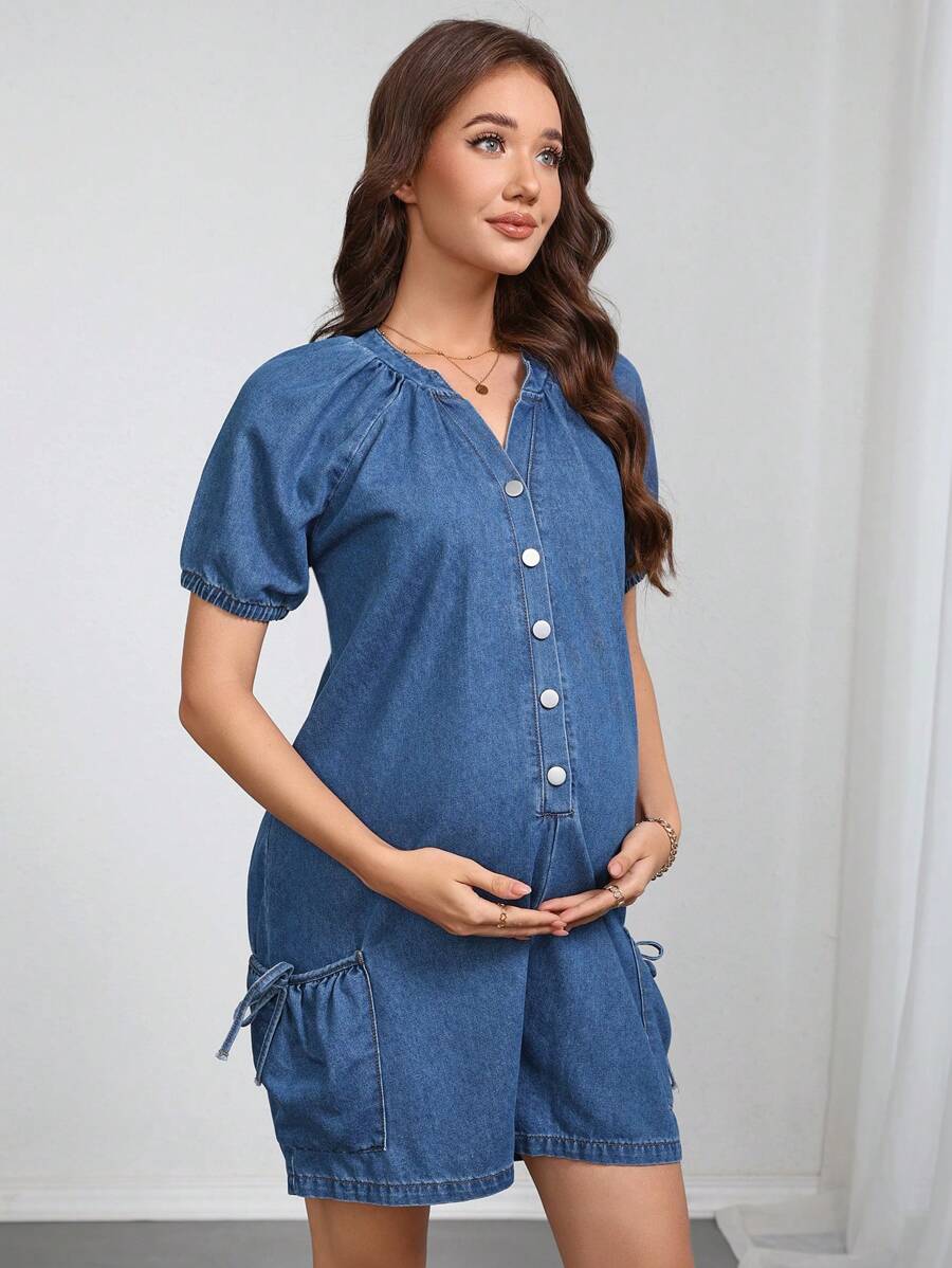 SHEIN Mono informal de tela vaquera de manga corta con cuello con muesca para maternidad