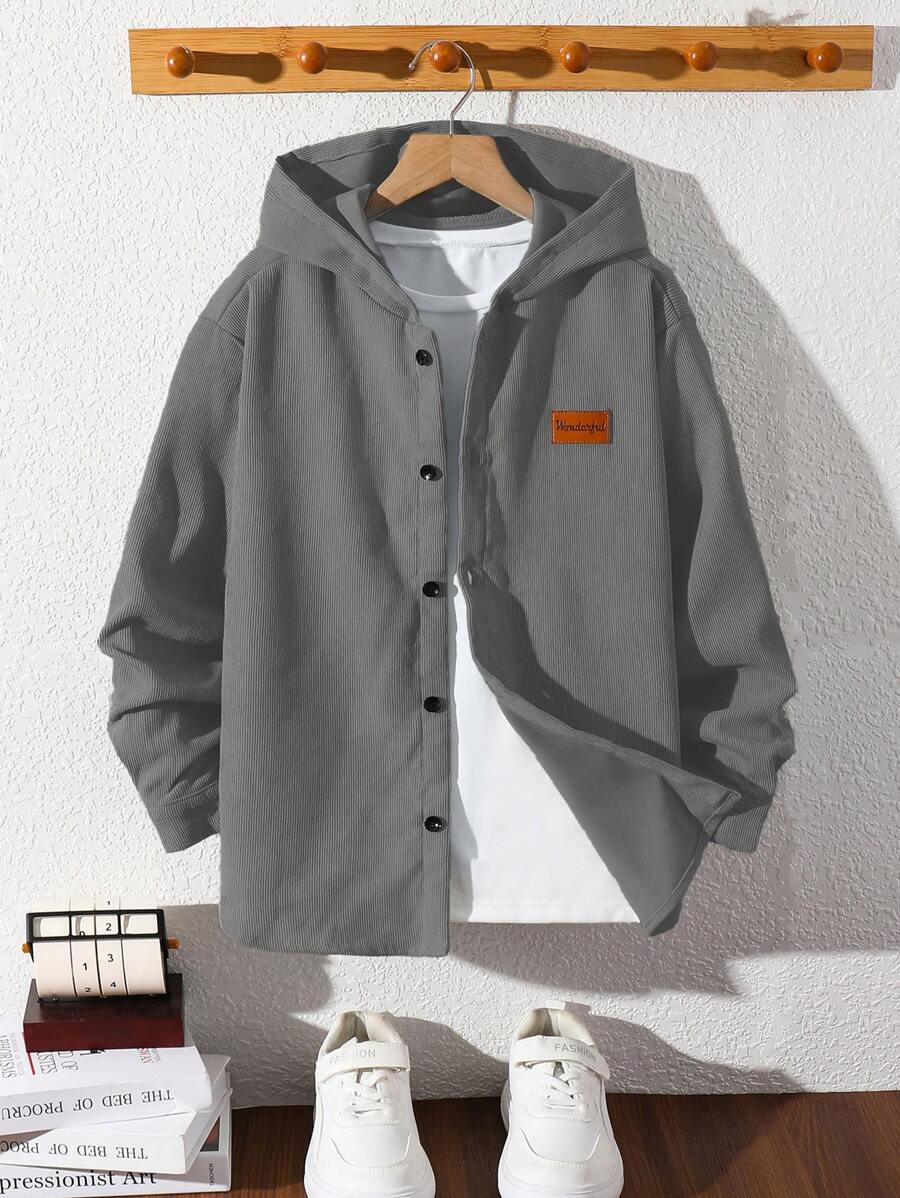 SHEIN Oversized Boys' Casual Corduroy Patched Hoodie Woven Shirt