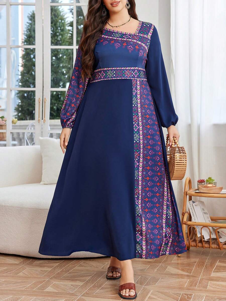 Al Najma Vestido de estilo árabe con diseño asimétrico de estampado, talla grande, modesto