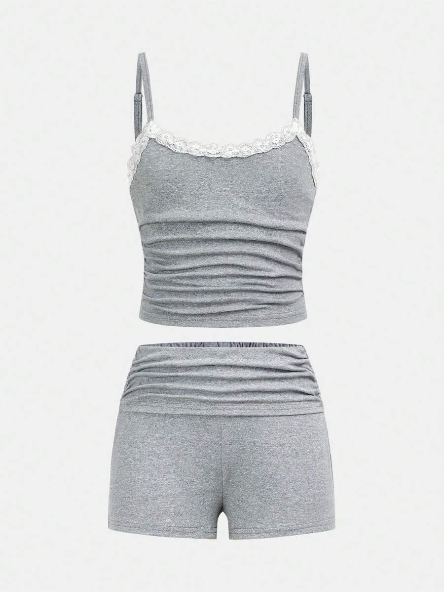 SHEIN Girlism Tween Girl Casual & Comfy Floral Trim Camisole And Shorts Set Sleeveless Top Set Girls Ribbed Set Lace Trim Cami And Shorts Set