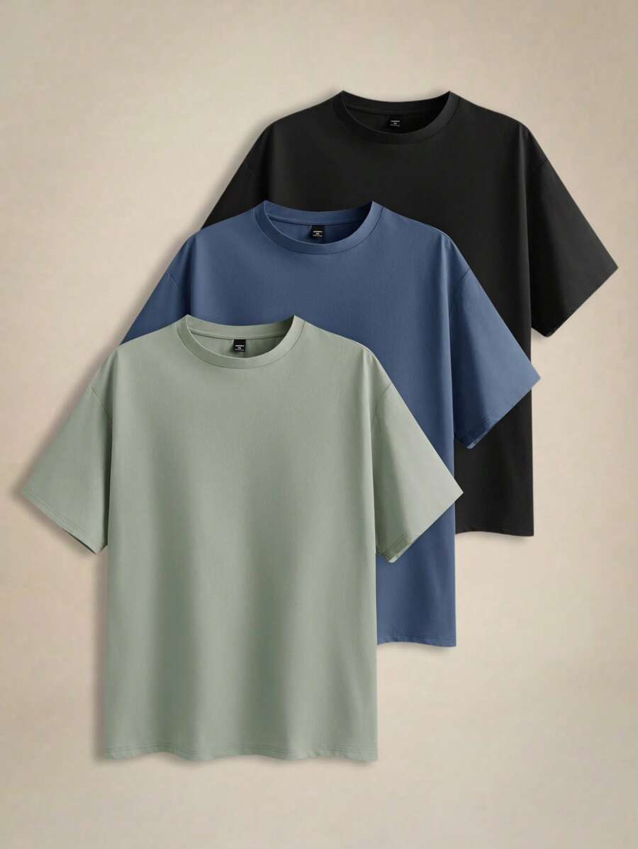 EASEVO 3pcs/Set Men Plus Size Solid Color Slim Fit Crew Neck Short Sleeve T-Shirts, Casual Knit Tees For Summer Daily Wear
