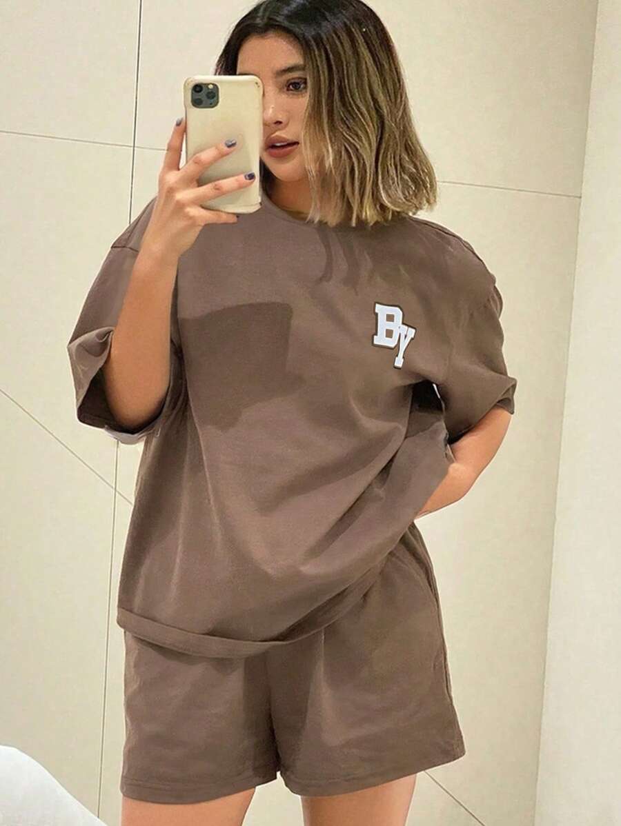 Dazy Plus Letter Print Crew Neck Loose Short Sleeve Top And Shorts Pajama Set