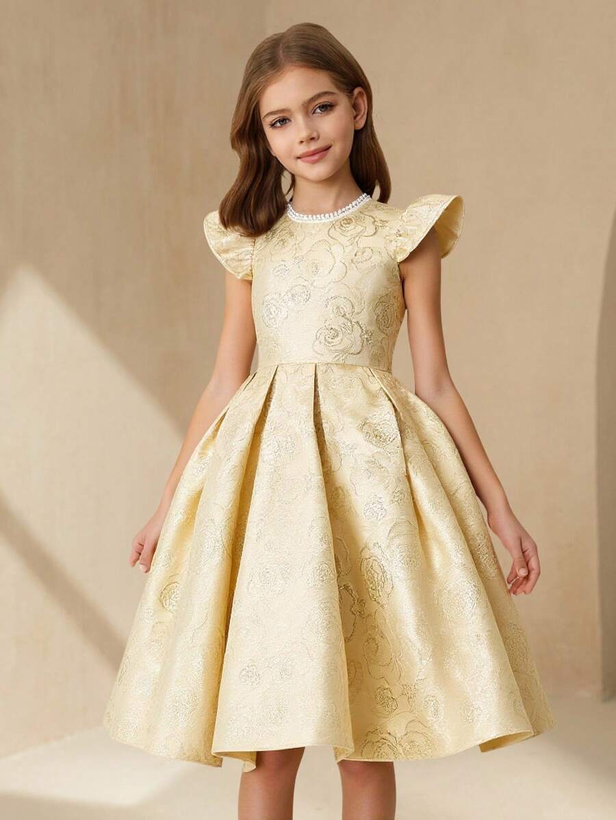 Tween Girls Elegant Luxurious Gold Round Neck Short Sleeve Bowknot Midi Length Mesh Dress, Suitable For Evenings, Parties, Birthday, Performance, Weddings, Flower Tween Girl, Valentine's Day And Other Occasions