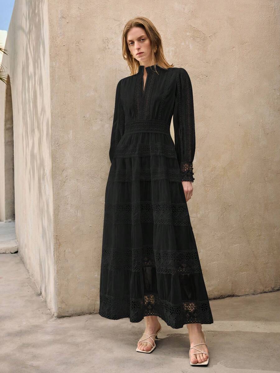 Ontre Abito lungo elegante da donna con scollo a V, maniche lunghe e contrasto di colore in pizzo