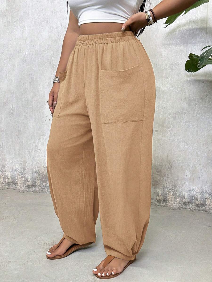 SHEIN VCAY Plus Size Elastic Waist Pocket Design Harem Pants