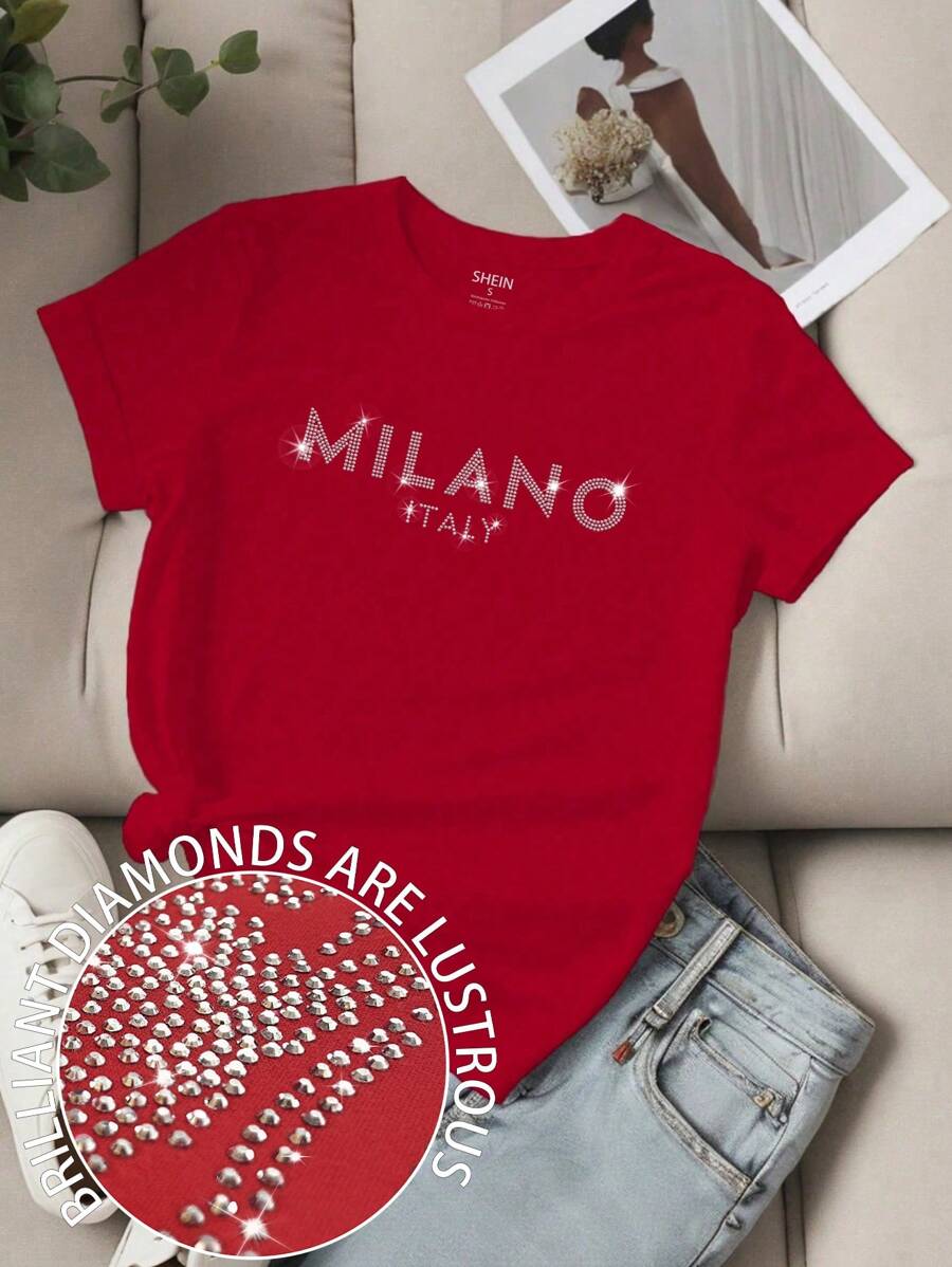 Flirla Camiseta casual de mangas cortas con lentejuelas calientes y texto "MILANO ITALY" para mujer