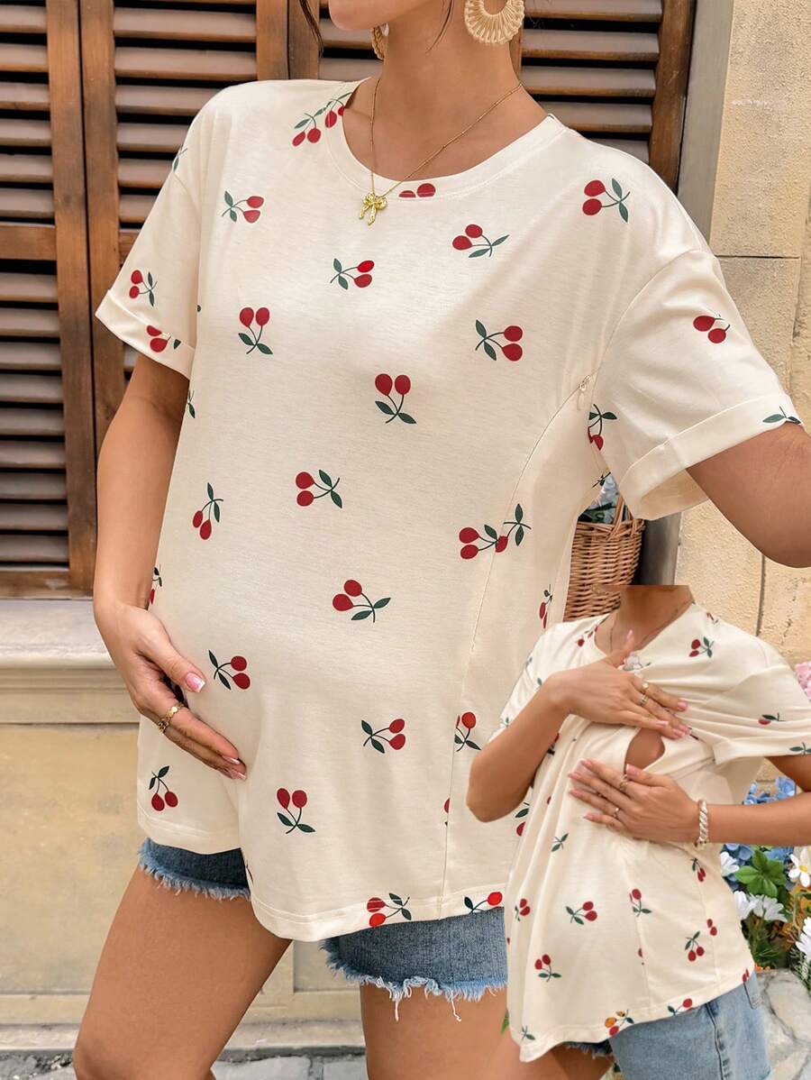 SHEIN T-shirt d'été de maternité décontracté à col rond et épaules tombantes avec imprimé cerises