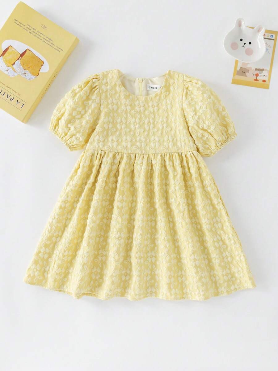 PrepCrw Young Girls Yellow Stand Collar A-Line Mini Dress With Jacquard Pattern, Puff Sleeves And Elastic Waist, Spring/Summer