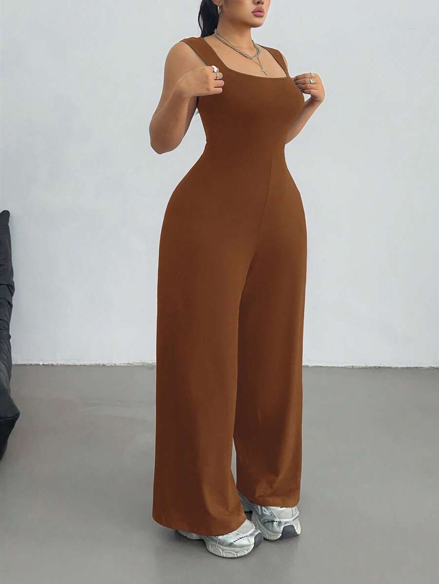POPSWAY Talla grande Mono informal de verano/primavera para mujer con cuello cuadrado, sin mangas, estilo deportivo y elegante, de pierna ancha, en color liso y casual.