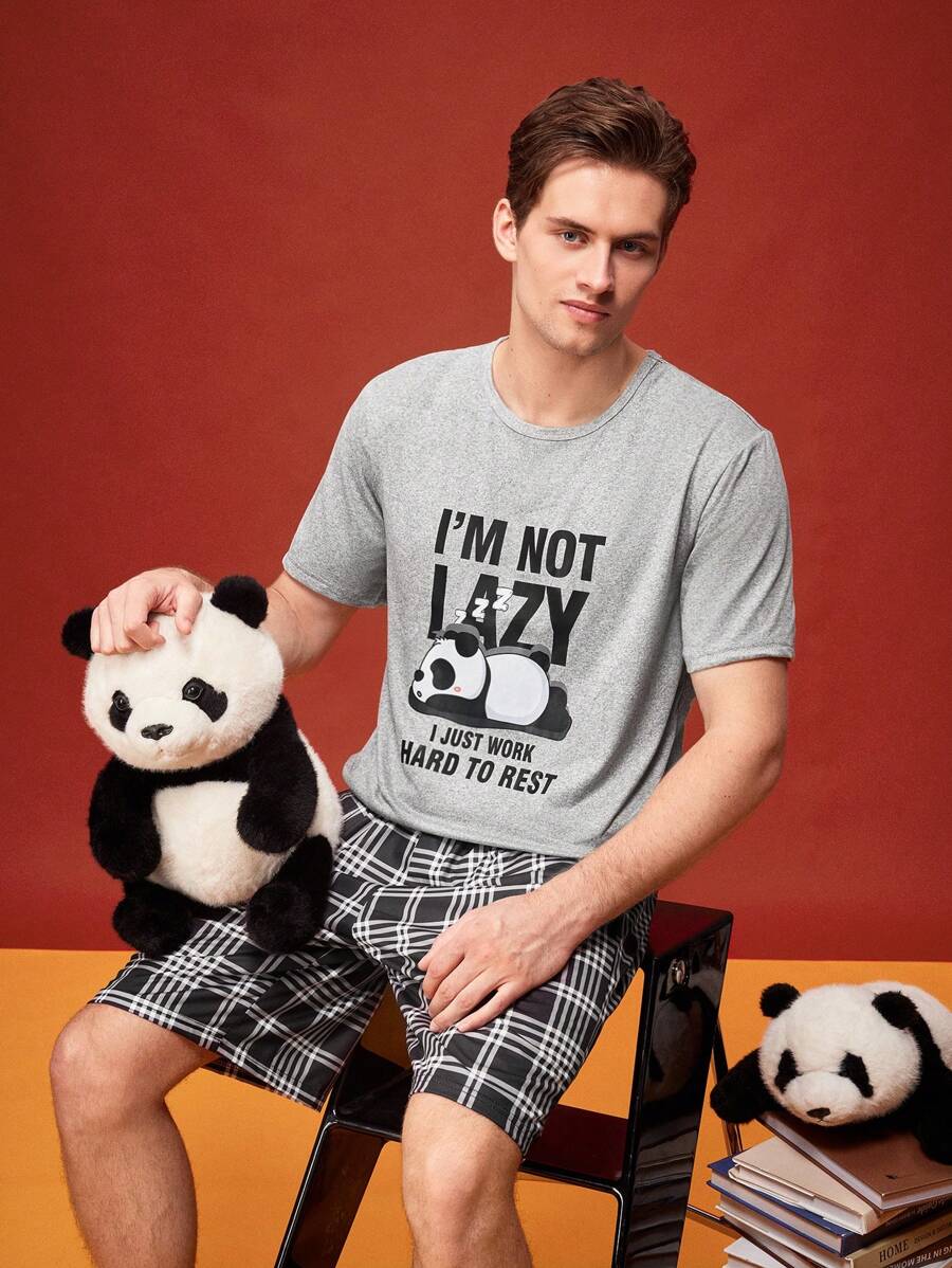 Juego de pijama cómodo y casual de camiseta y pantalones cortos con estampado divertido de comida rápida estadounidense y patrones de dibujos animados divertidos para hombres