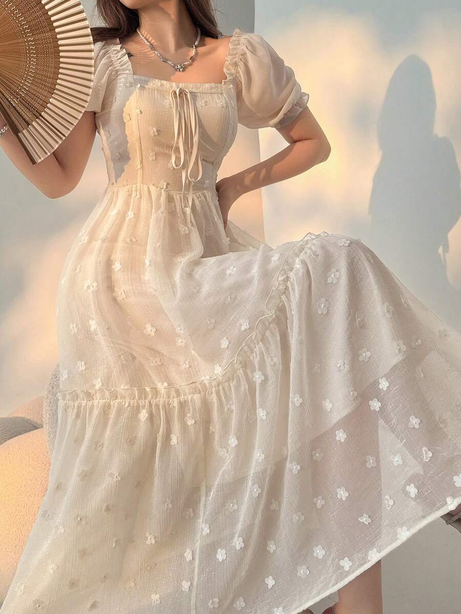 DAZY Vestido midi con cordón, cuello cuadrado y manga farol con parches y estampado floral 3D para mujeres, vestidos casuales para mujeres
