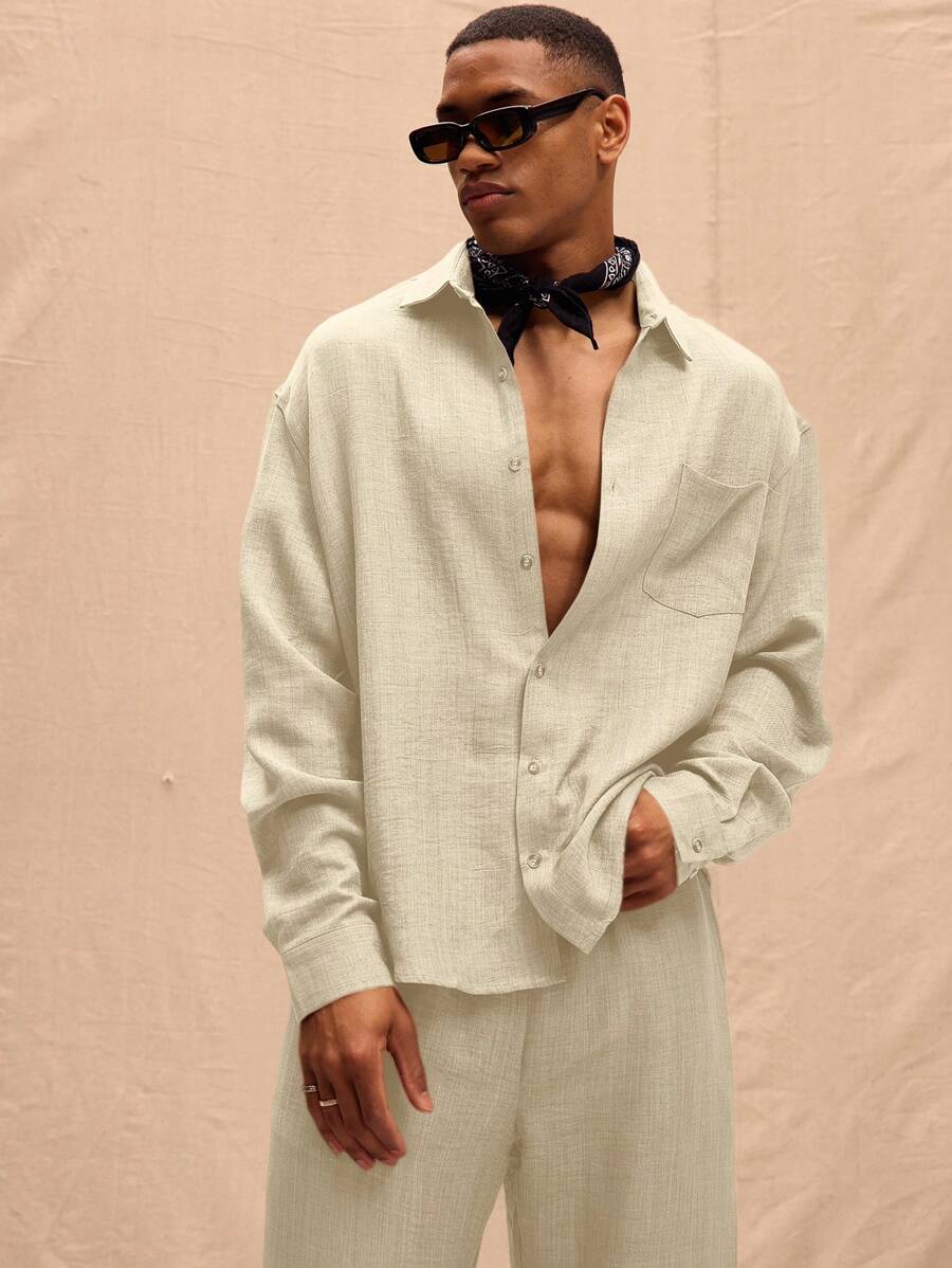 SHEIN X Scheana Musero Camisa de lino de manga larga oversize para hombre, Top de conjunto para primavera, verano, vacaciones, Pascua