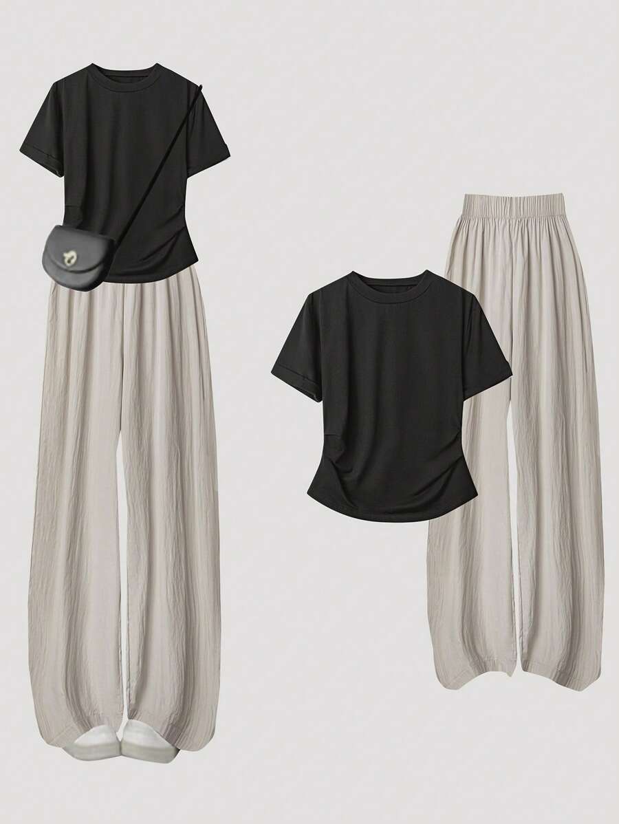 Flirla Women Plus Size Casual 2 Pieces Outfit, Black Short Sleeve T-Shirt With Ribbed Cuffs And Khaki Wide Leg Elastic Waist Pants, Colorblock, Spring/Summer