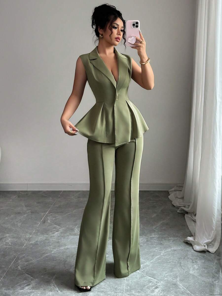 Elenzga Sleeveless Blazer Suit Set, Elegant Romantic Women's Slim Waist Business Suit
