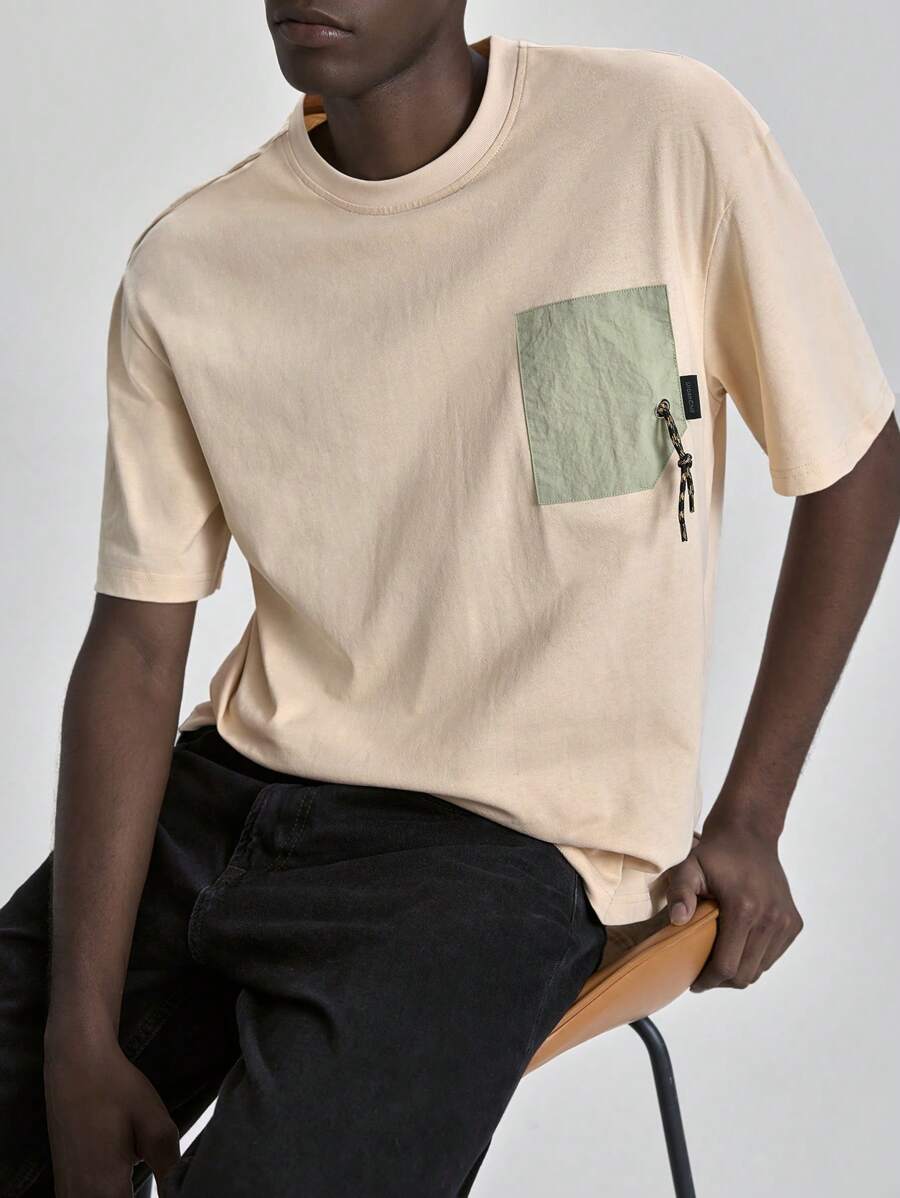 Ontre 2025 Summer Men's Clothing Colorblock Pocket Round Neck Casual Versatile Short Sleeve T-Shirt, Suitable For July 4th, St. John's Day, Graduation, Daily Wear, Adorable Summer Top T-Shirt, Men's Holiday Vacation Beach Shirt