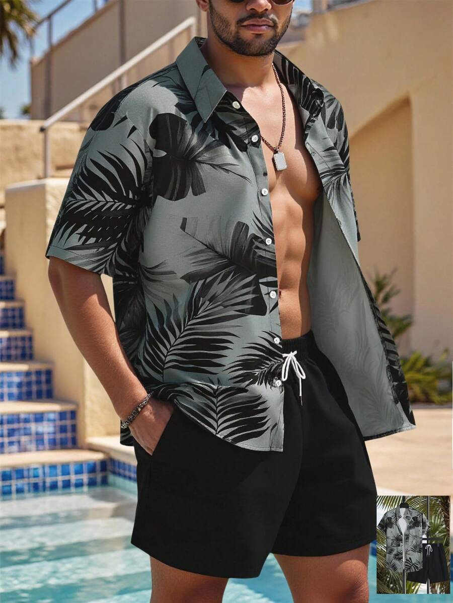 Manfinity VDAYZ Conjunto de camisa y pantalones cortos casuales con estampado tropical para hombres en vacaciones, incluye trajes de baño tropicales y camisas hawaianas